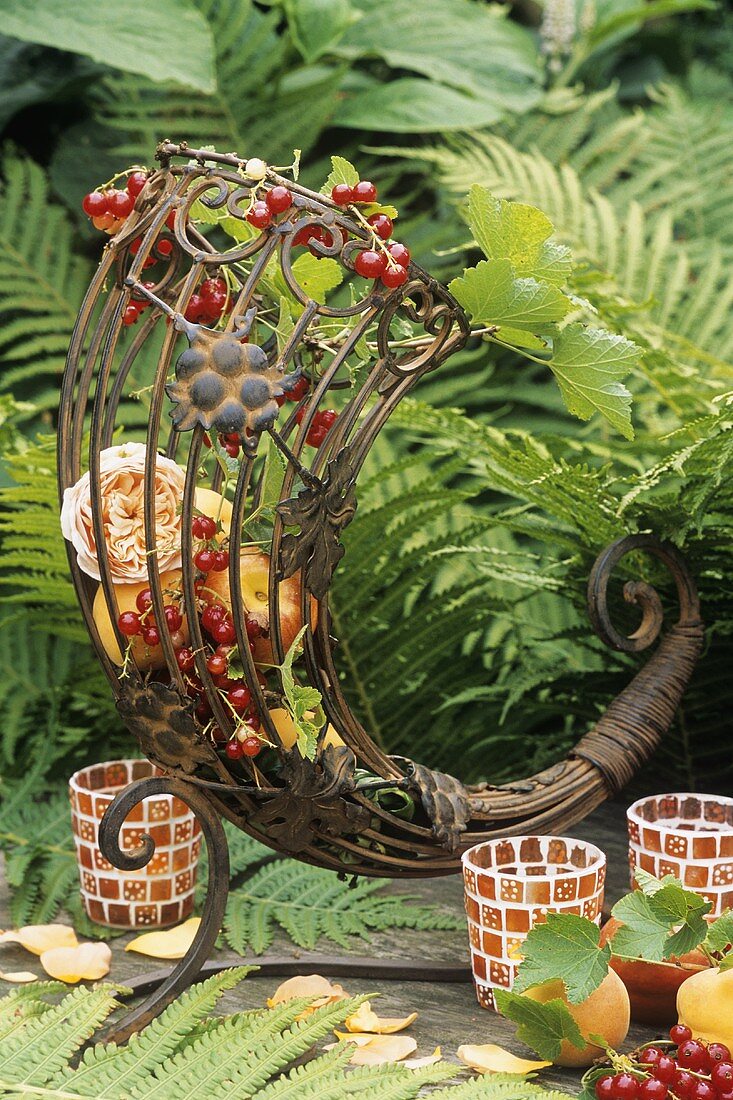Metal cornucopia filled with apricots, redcurrants & roses