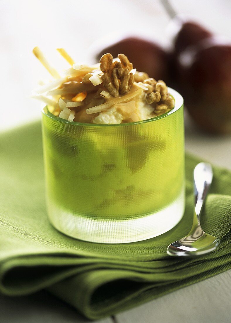 Pear and Parmesan mousse with caramel sauce and nuts