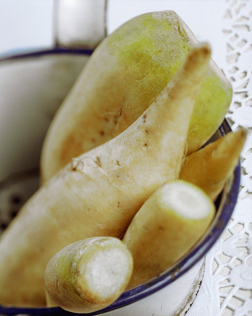 Parsnips in a strainer (close-up)