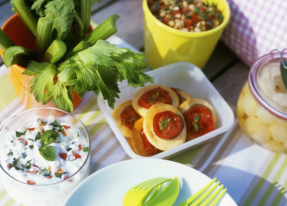 Tomato focaccine, salads etc. for picnic