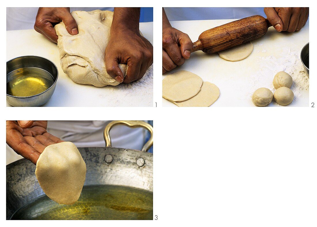 Poori zubereiten (frittierte kleine Brote aus Indien)
