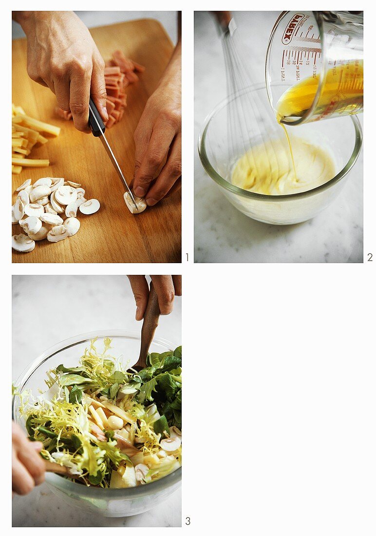 Gemischten Salat mit Gruyère, Pilzen & Schinken zubereiten
