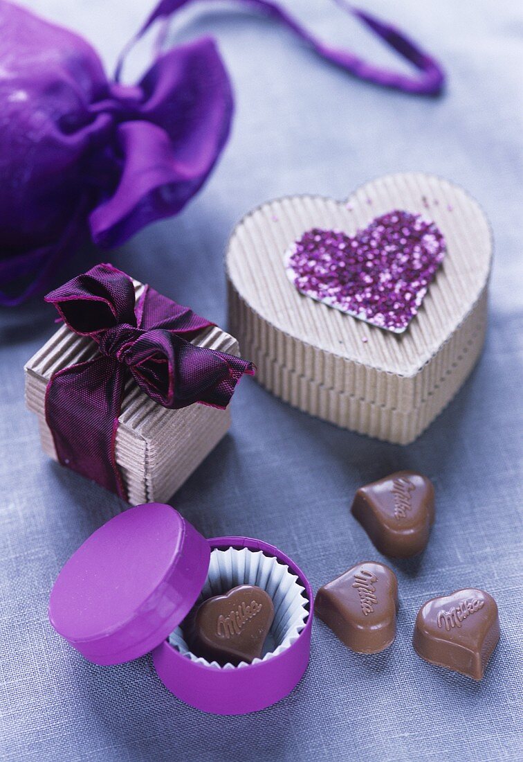 Heart-shaped Milka chocolates and pretty gift boxes