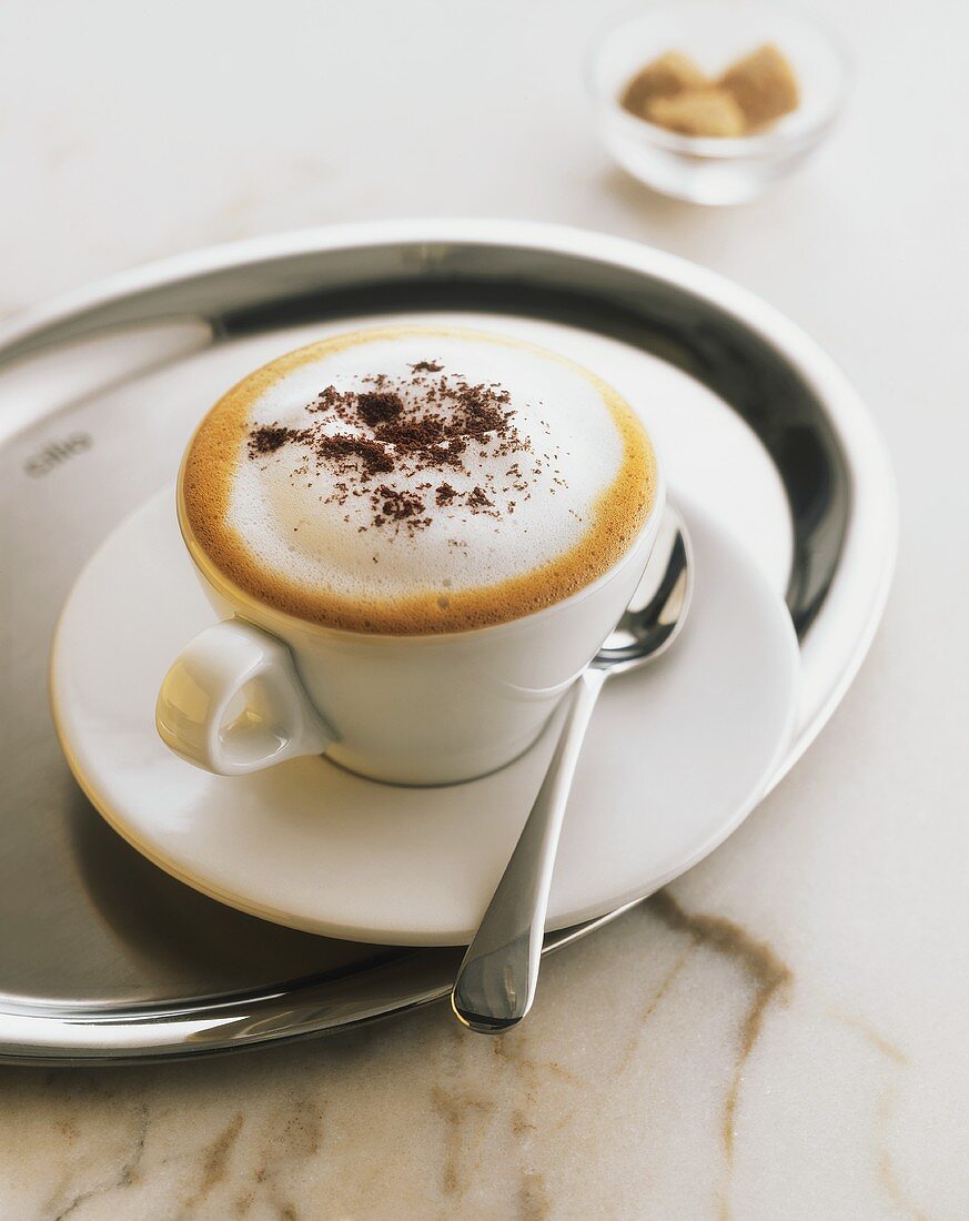 Cappuccino in white cup and saucer on stainless steel tray