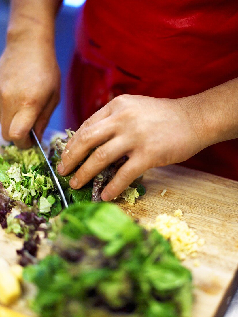 Person schneidet Blattsalat auf Küchenbrett