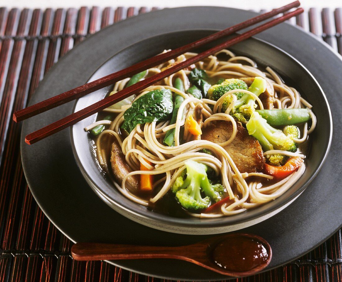 Chinese noodles with pork fillet, vegetables & Asian sauce