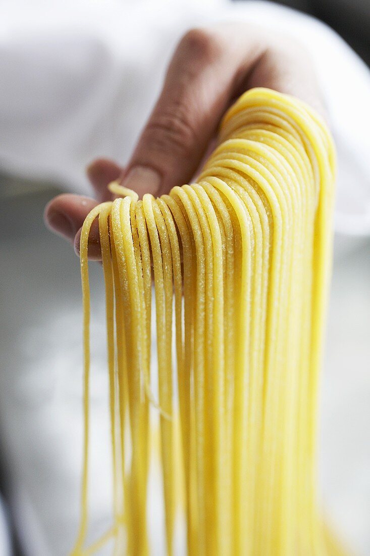 Hand holding fresh, home-made spaghetti
