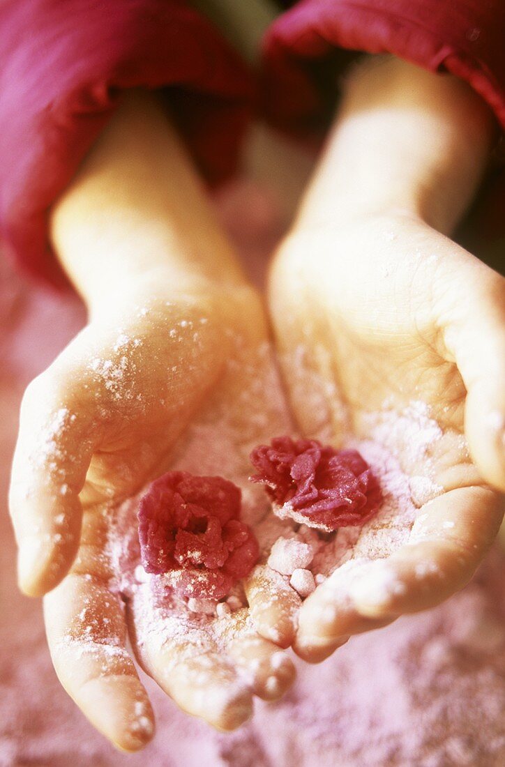 Hands holding sugared roses