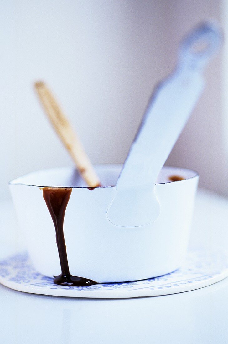 Melted chocolate in white saucepan