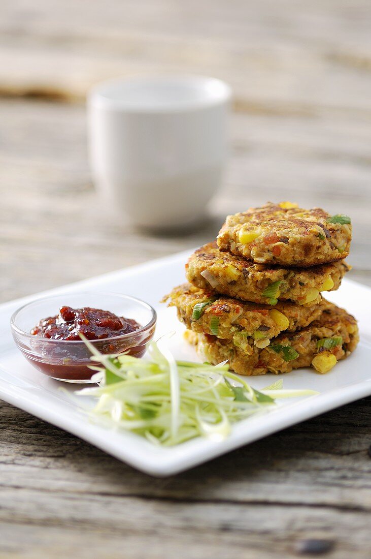 Crab and sweetcorn cakes with chili