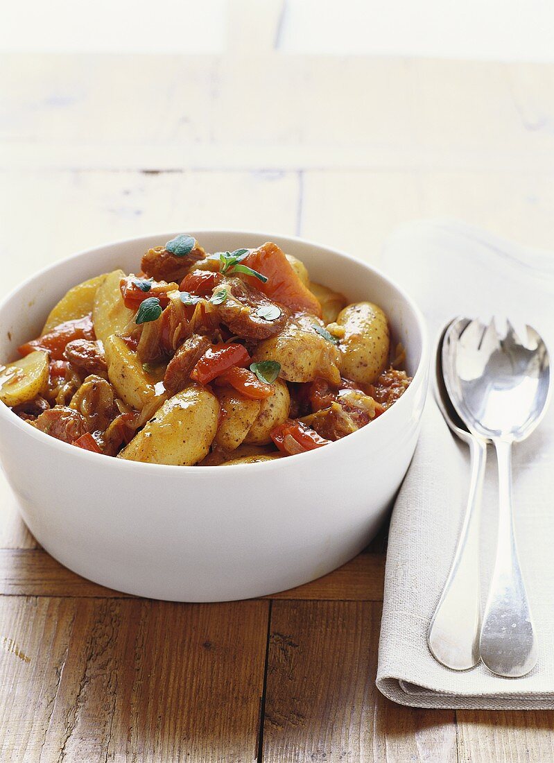 Pan-cooked potato dish with chorizo & peppers