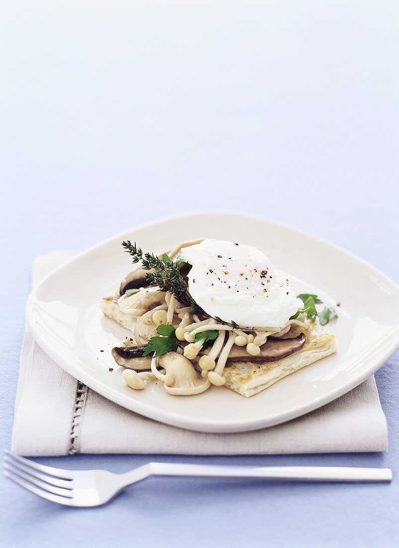 Fladenbrot mit Pilzen und pochiertem Ei