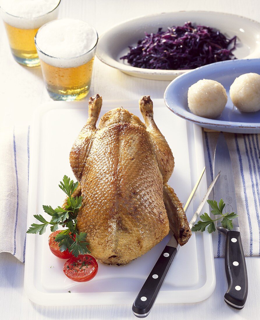 Bavarian duck with potato dumplings and red cabbage