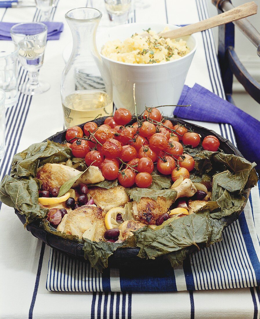 Greek chicken with olives and vine leaves