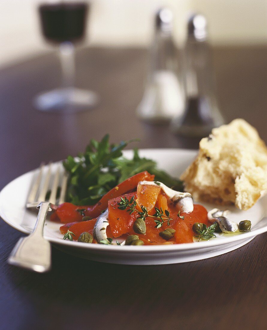 Marinated peppers with anchovies and rocket