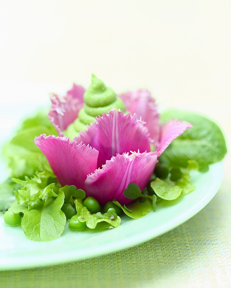 Tulpensalat mit Erbsenpüree und Pfefferminzdressing