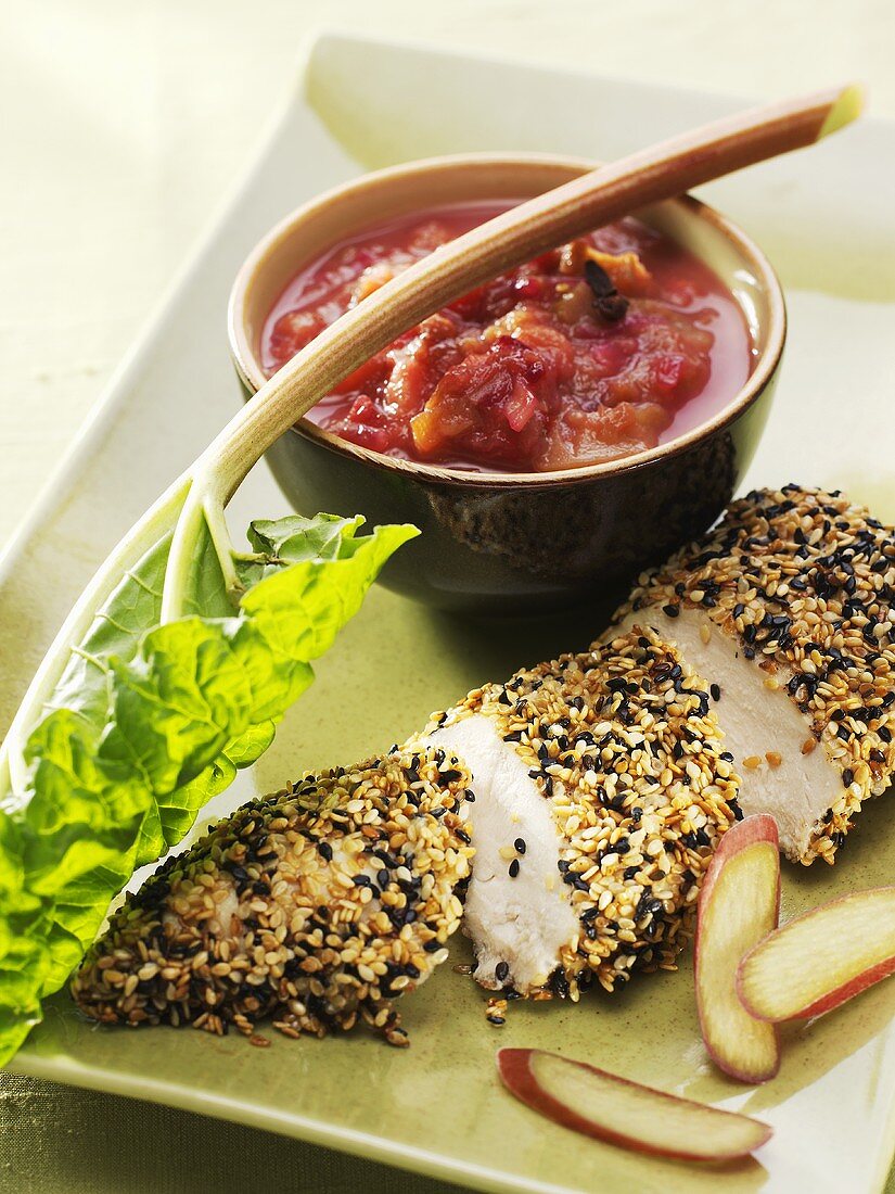 Chicken breast with sesame crust and rhubarb chutney