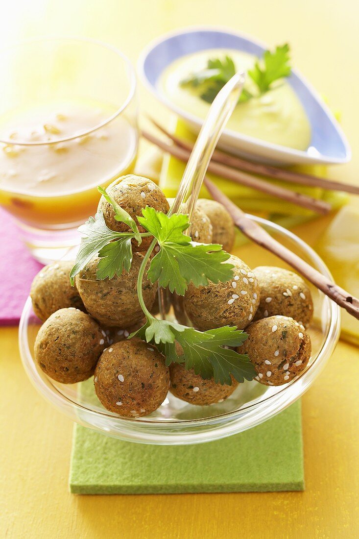 Falafel (chick-pea balls) with two dips