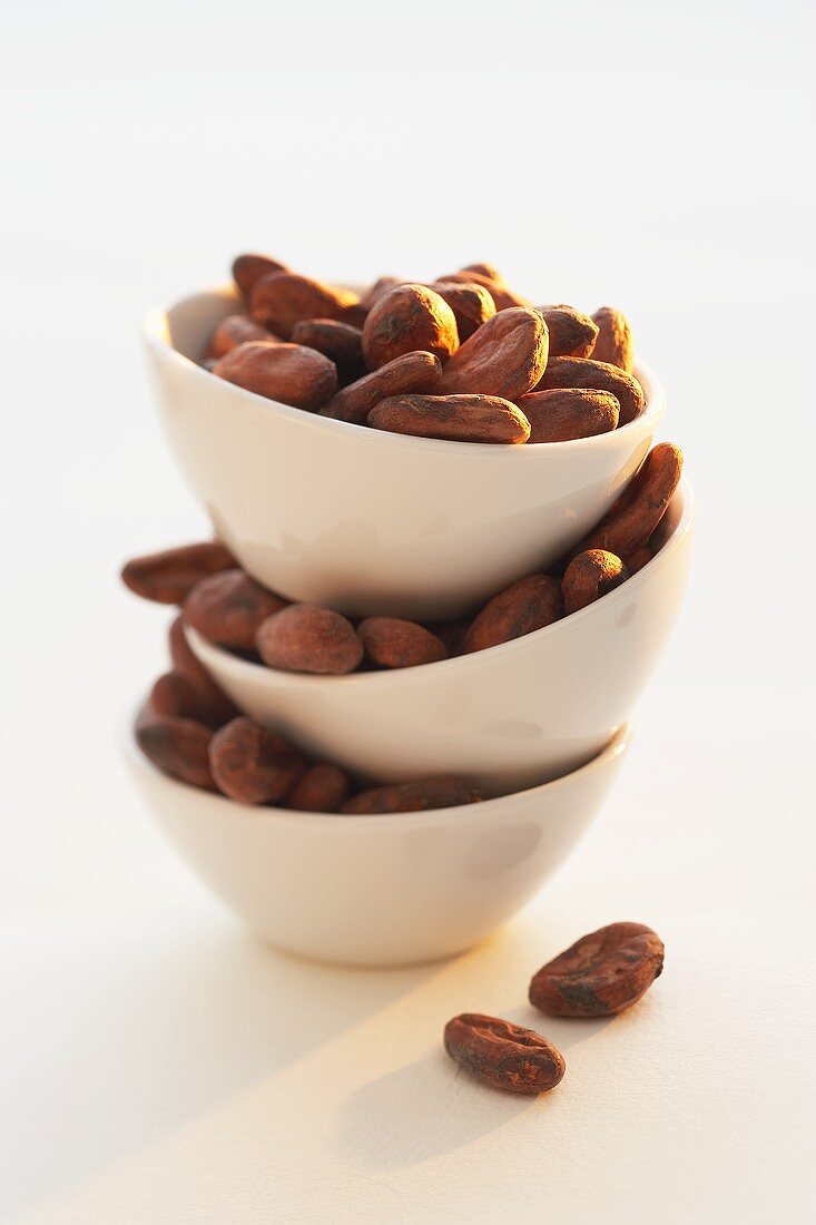 Cocoa beans in piled-up bowls