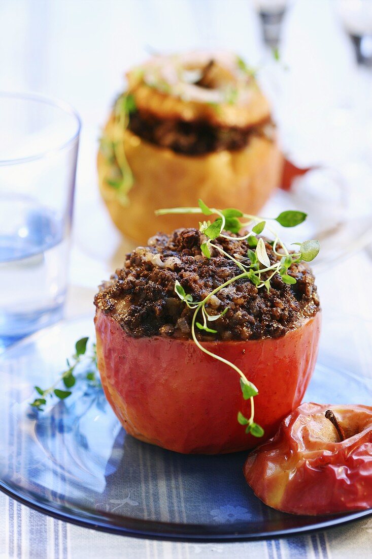 Baked apple with black pudding stuffing