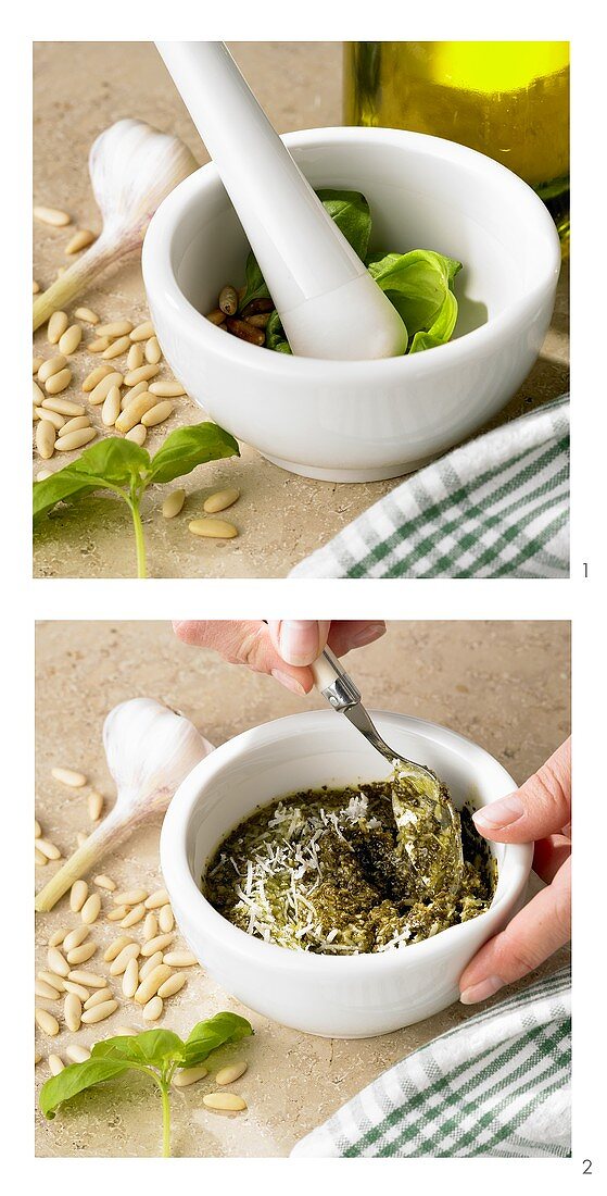 Chopping pesto ingredients in mortar and mixing