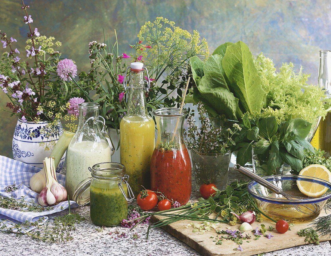Still life with salad dressings & ingredients