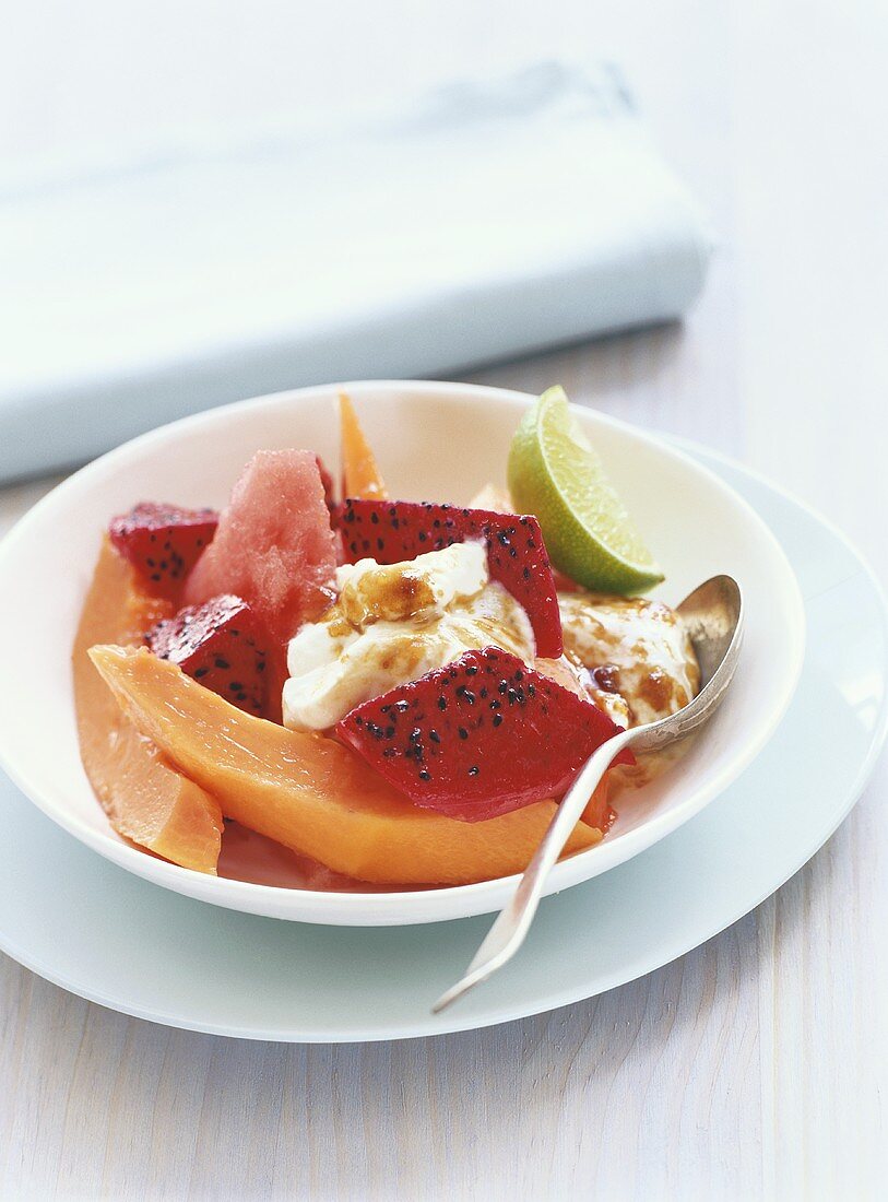 Exotic fruit salad with ginger yoghurt