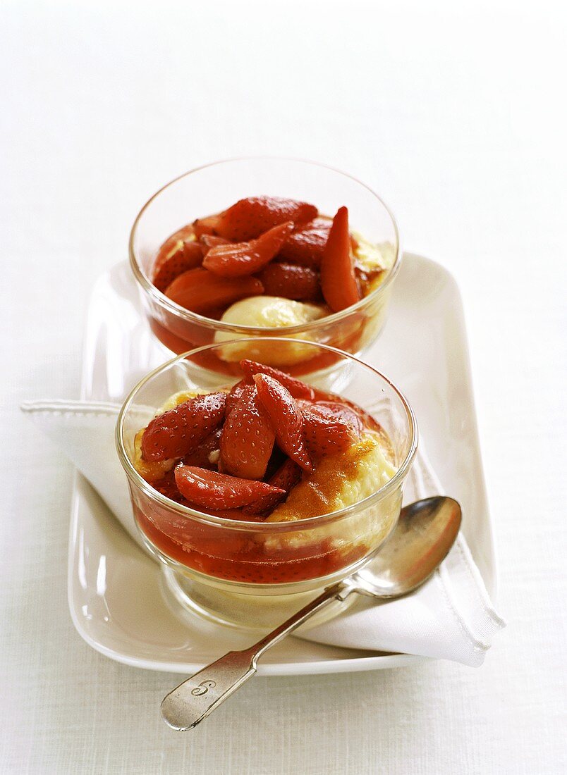 Rice pudding with poached strawberries