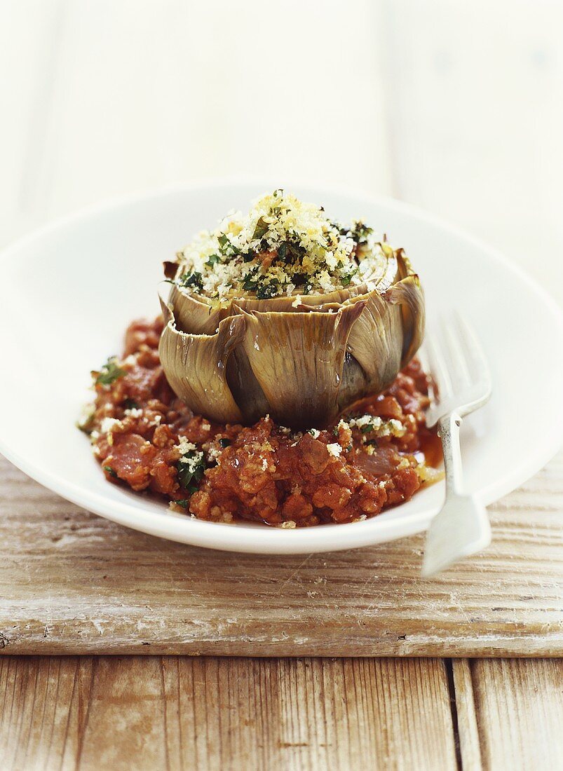 Baked artichoke with bolognese sauce