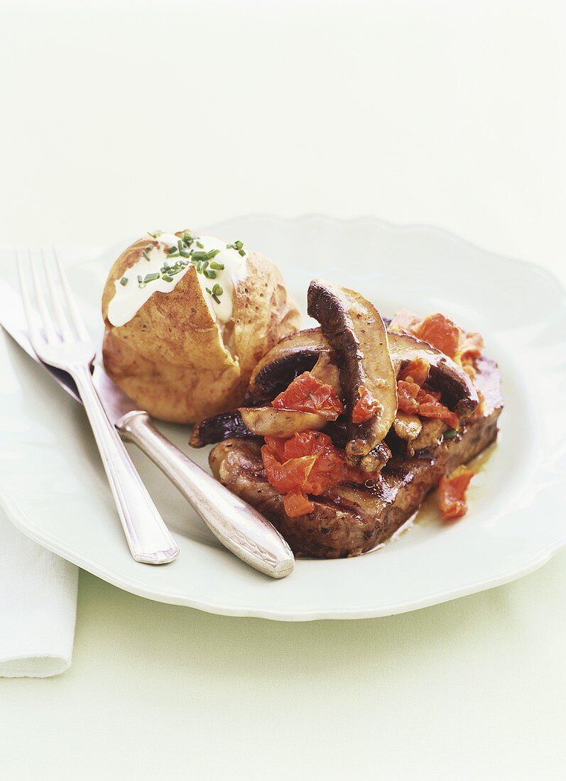 Grilled steak with marinated mushrooms & baked potato