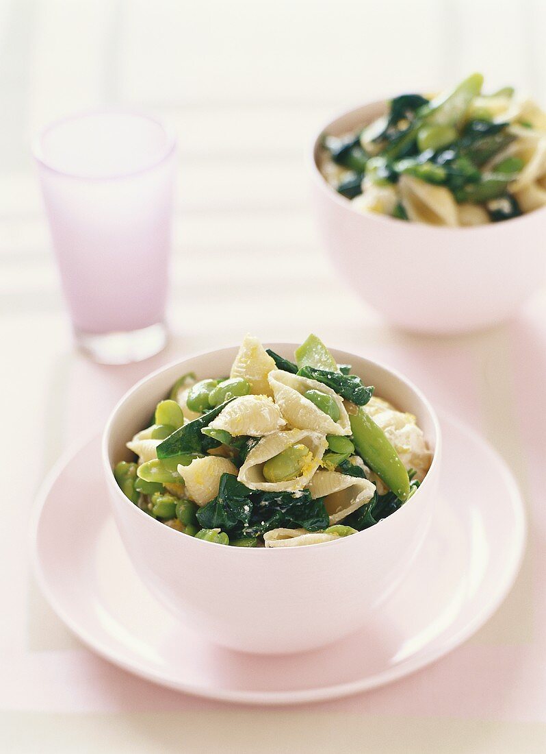 Pasta shells with beans and spinach