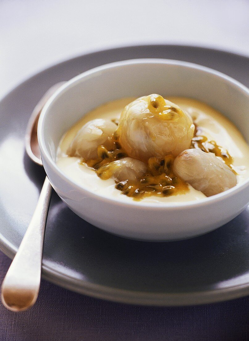 Lychees with vanilla pudding & passion fruit sauce