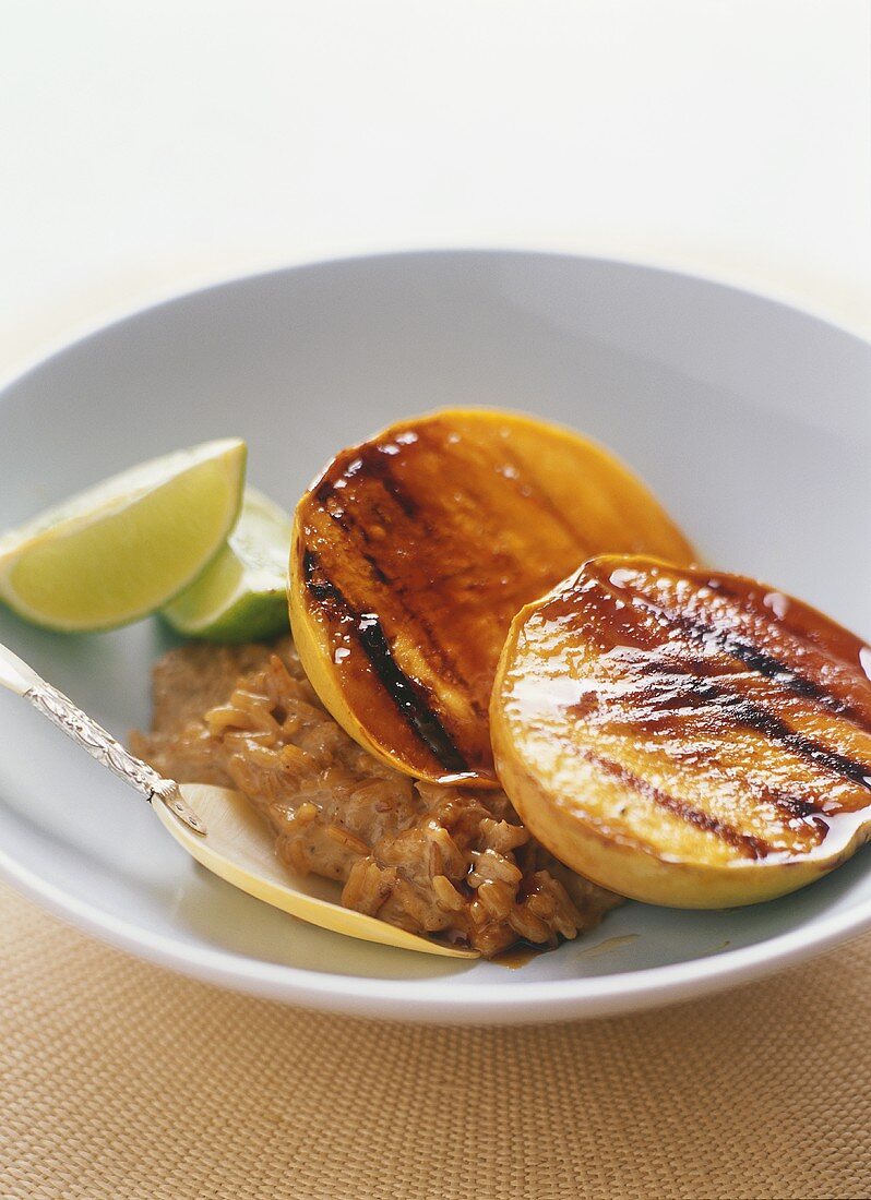 Grilled mango slices with coconut rice
