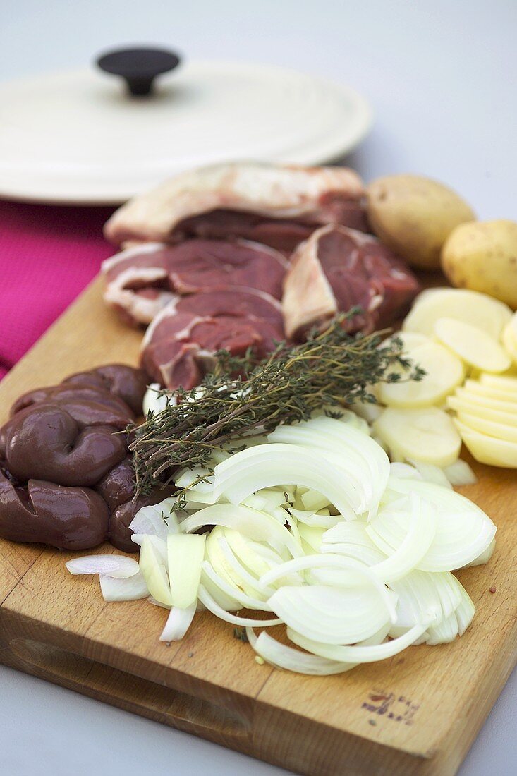 Ingredients for lamb stew with kidneys and potatoes