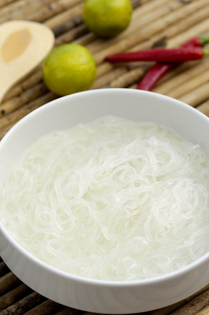 Cooked rice noodles in a dish