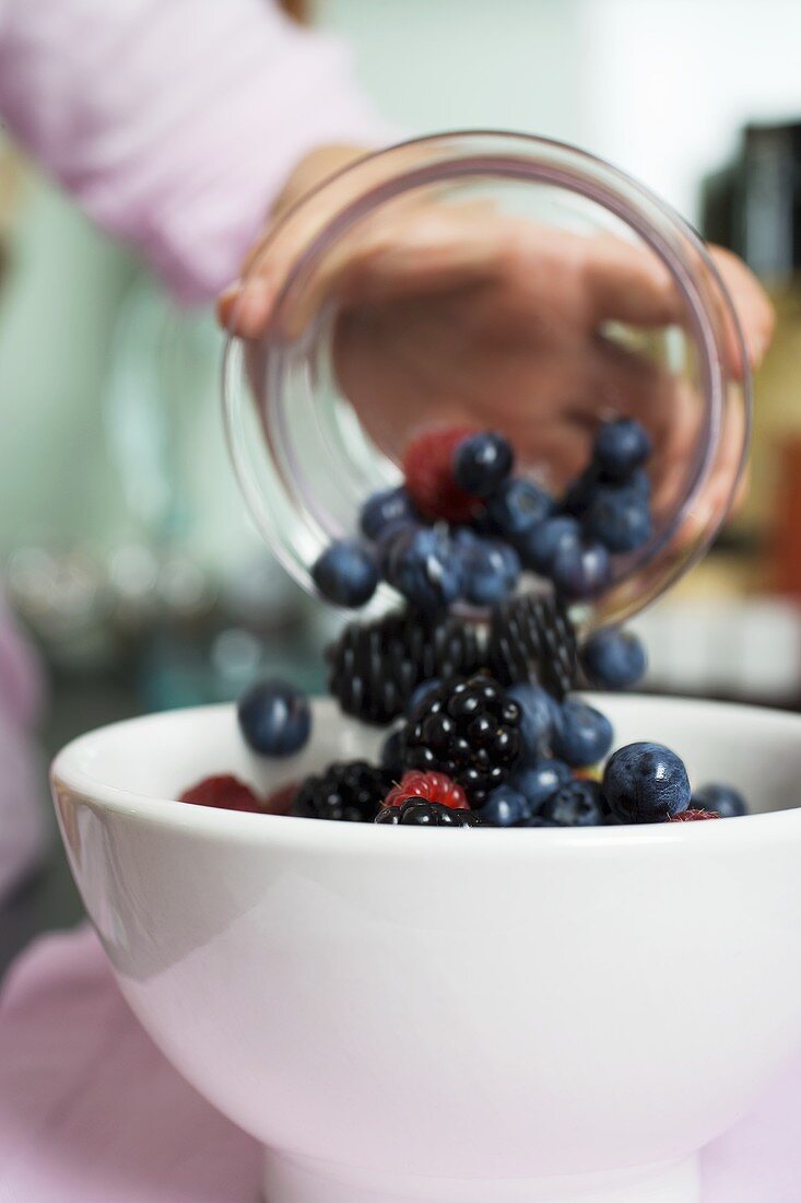 Frische Beeren in eine Schüssel schütten