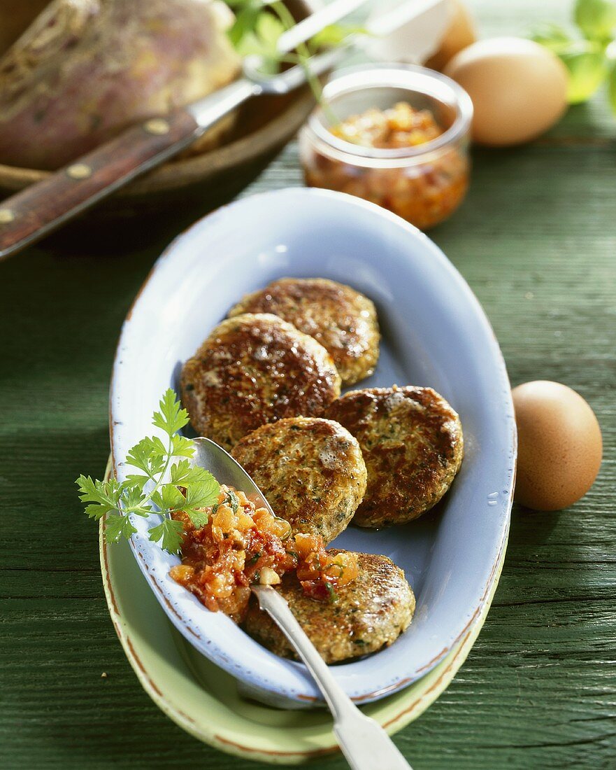 Steckrüben-Küchlein mit Tomatenpesto