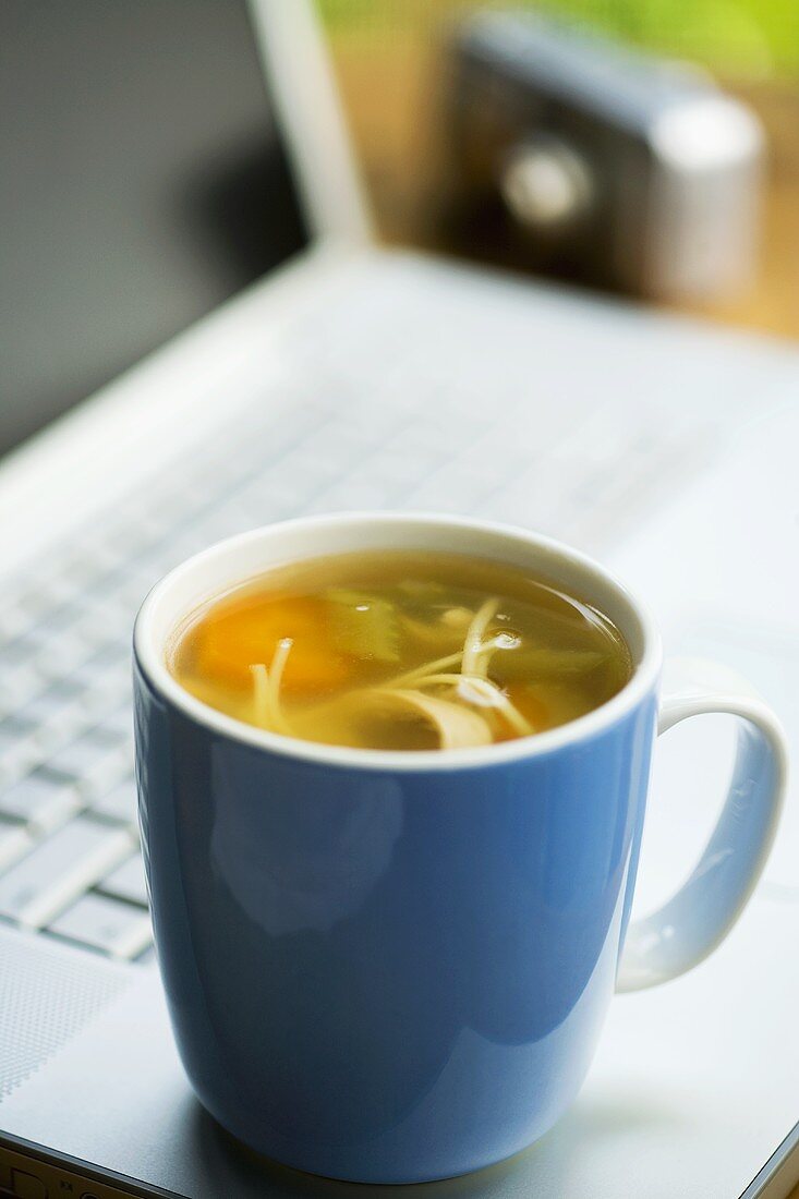 Hähnchen-Nudelsuppe mit Gemüse auf einem Computer