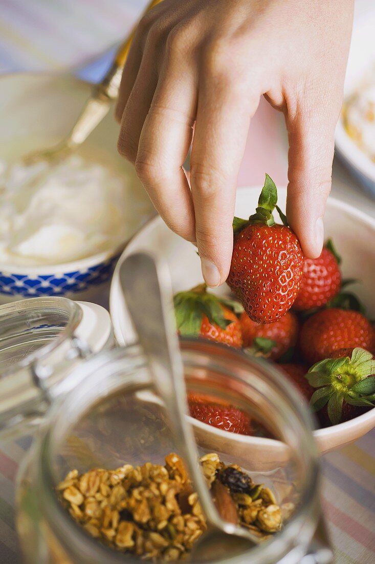 Zutaten für Müsli mit Joghurt und Erdbeeren