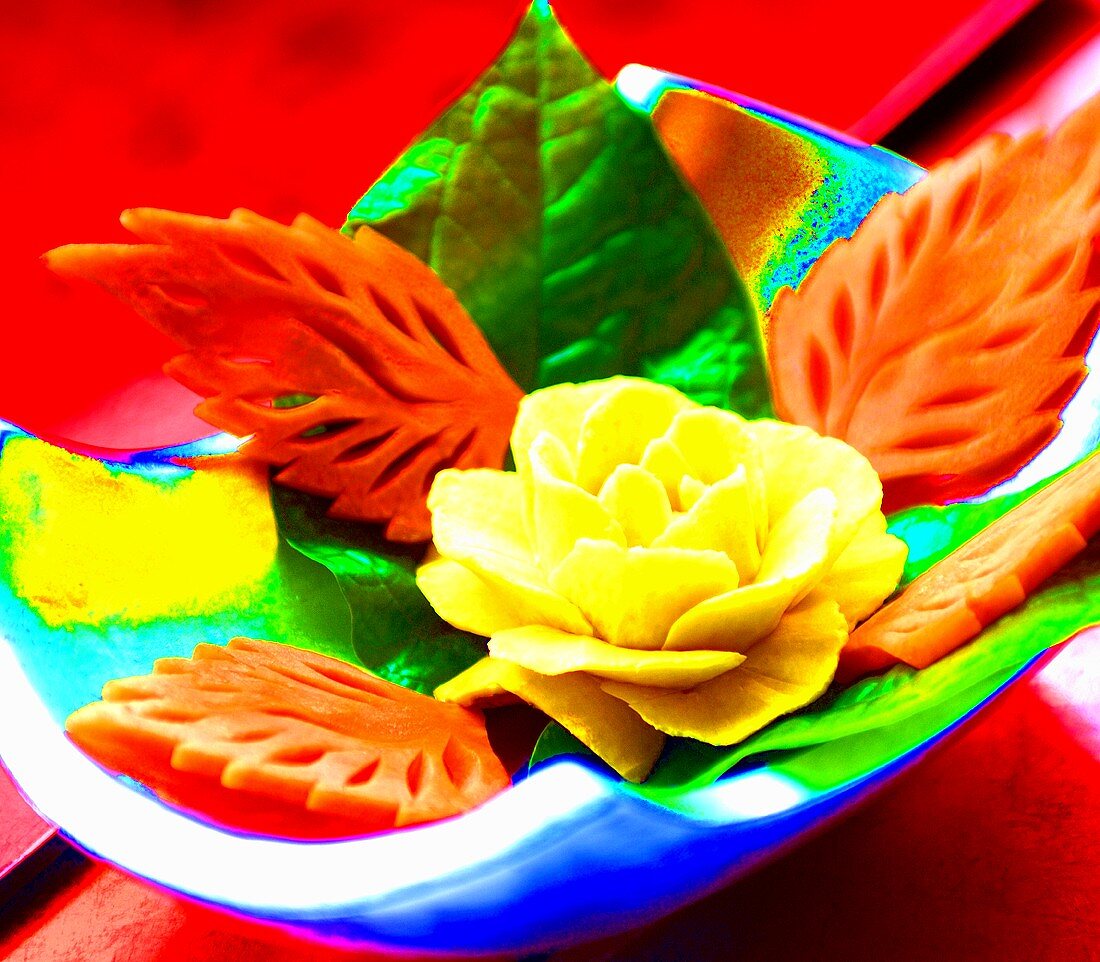 Flowers and leaves carved from vegetables