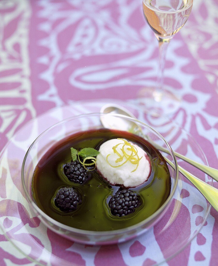 Cold berry soup with lime sorbet