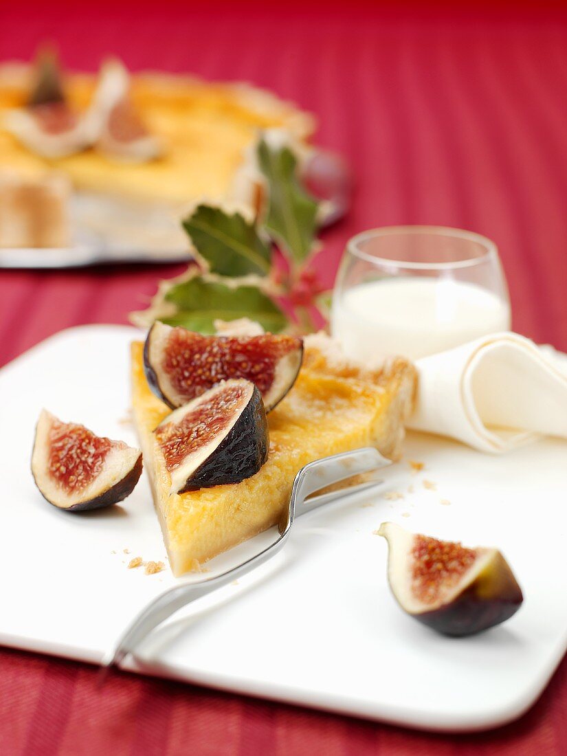 A piece of lemon tart with figs