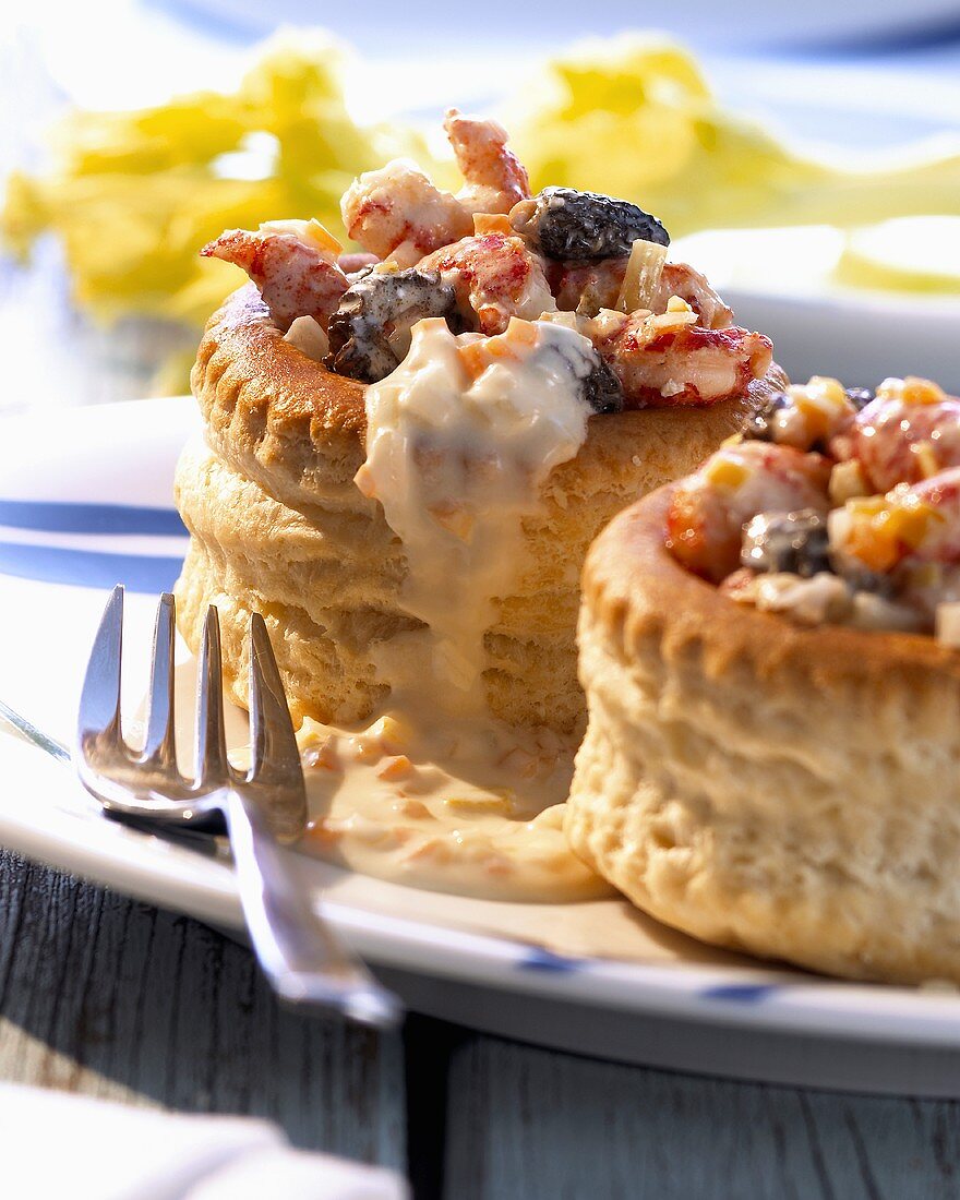 Puff pastry shells with crab ragout and morels