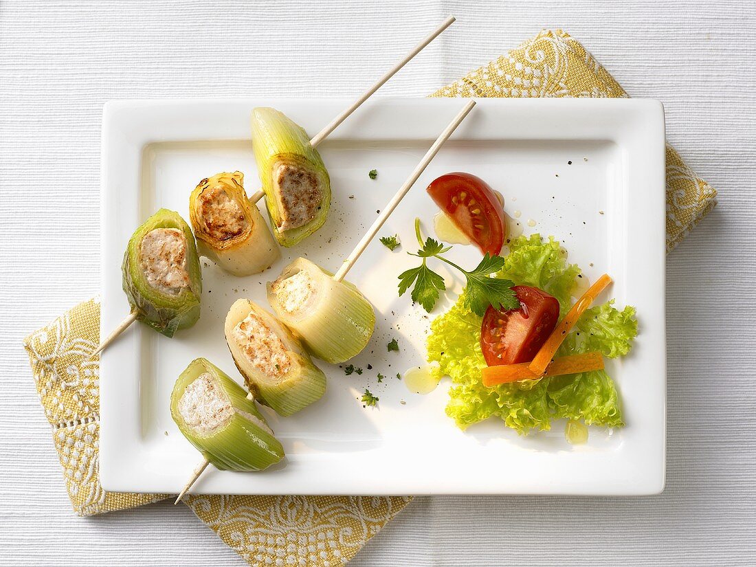 Skewered leeks with mince stuffing