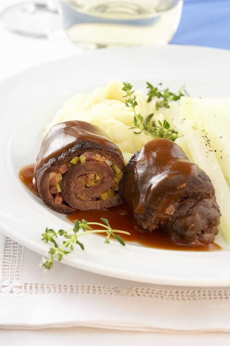 Beef roulades with mashed potato and vegetables