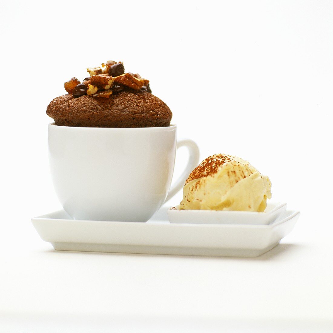 Chocolate pecan muffin with dates and vanilla ice cream