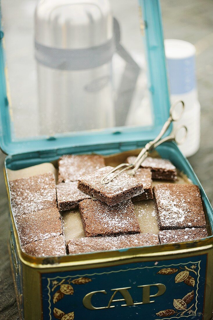 Schokoladenkuchen in einer Blechdose für Picknick