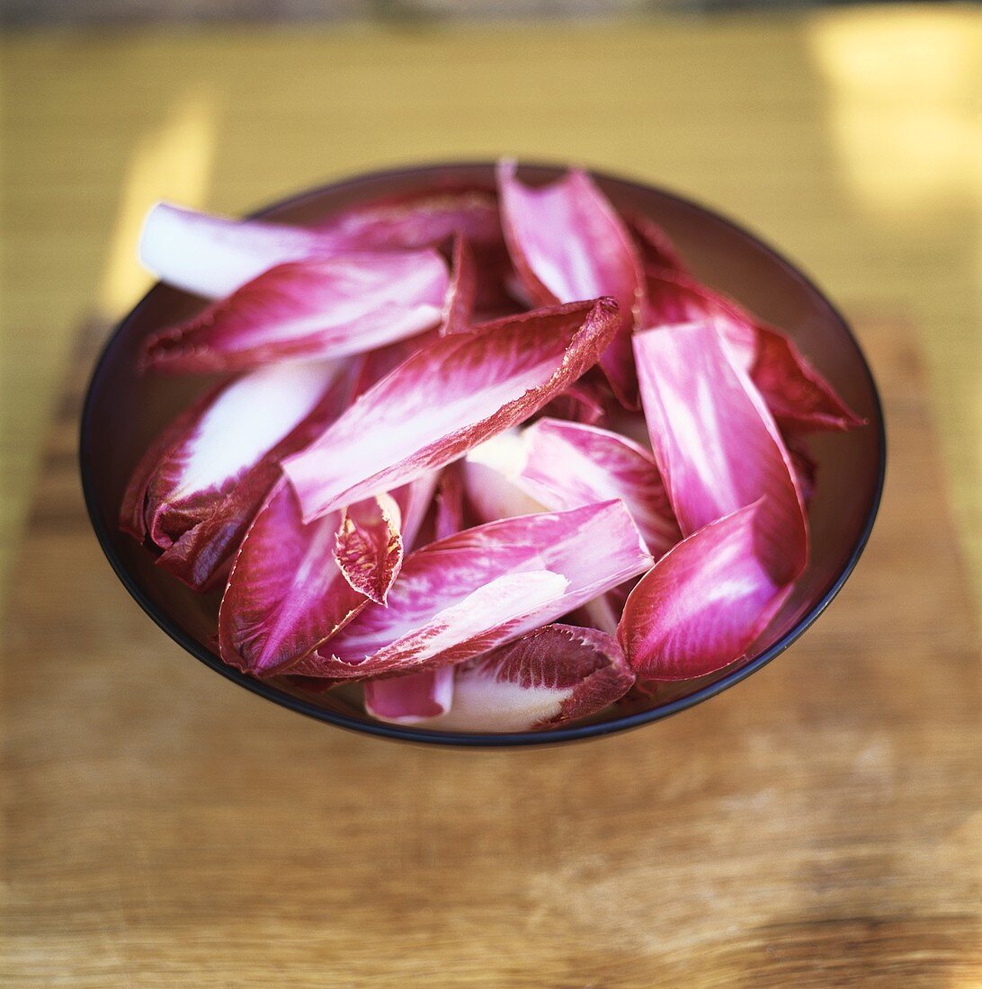 Red chicory leaves in a bowl
