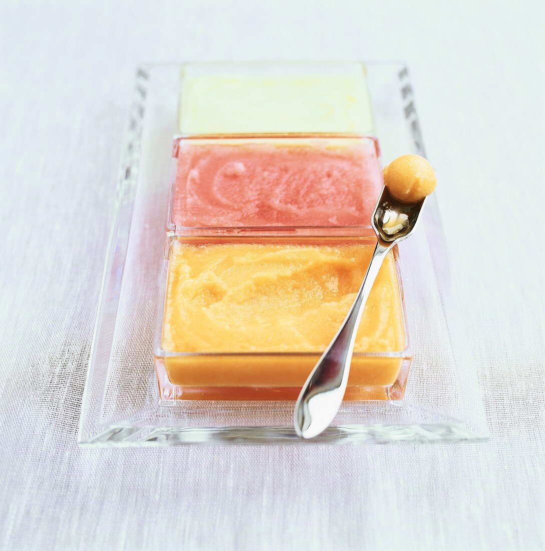 Fruit ice cream in glass dishes