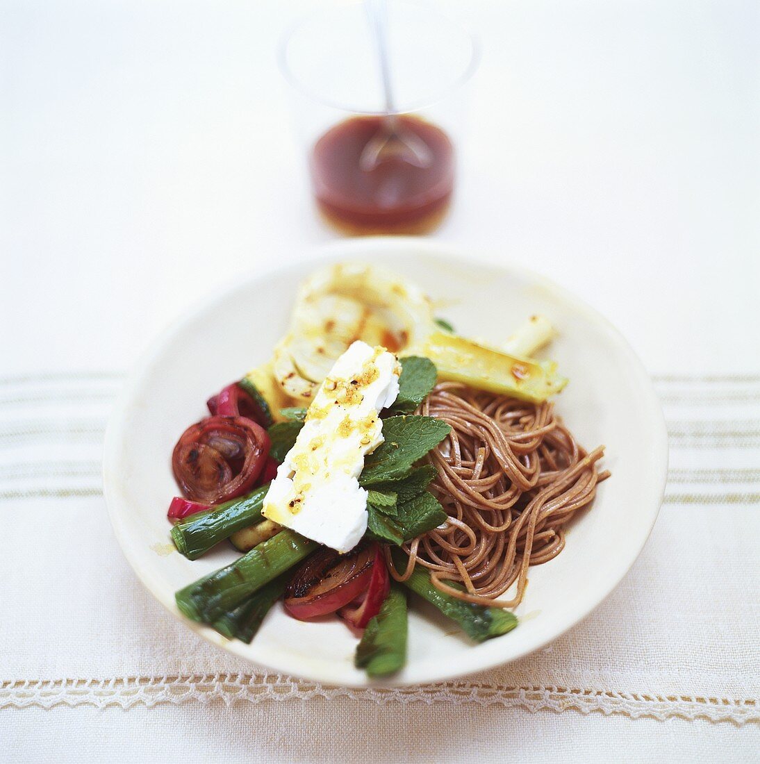 Wholemeal spaghetti with grilled vegetables & sheep's cheese